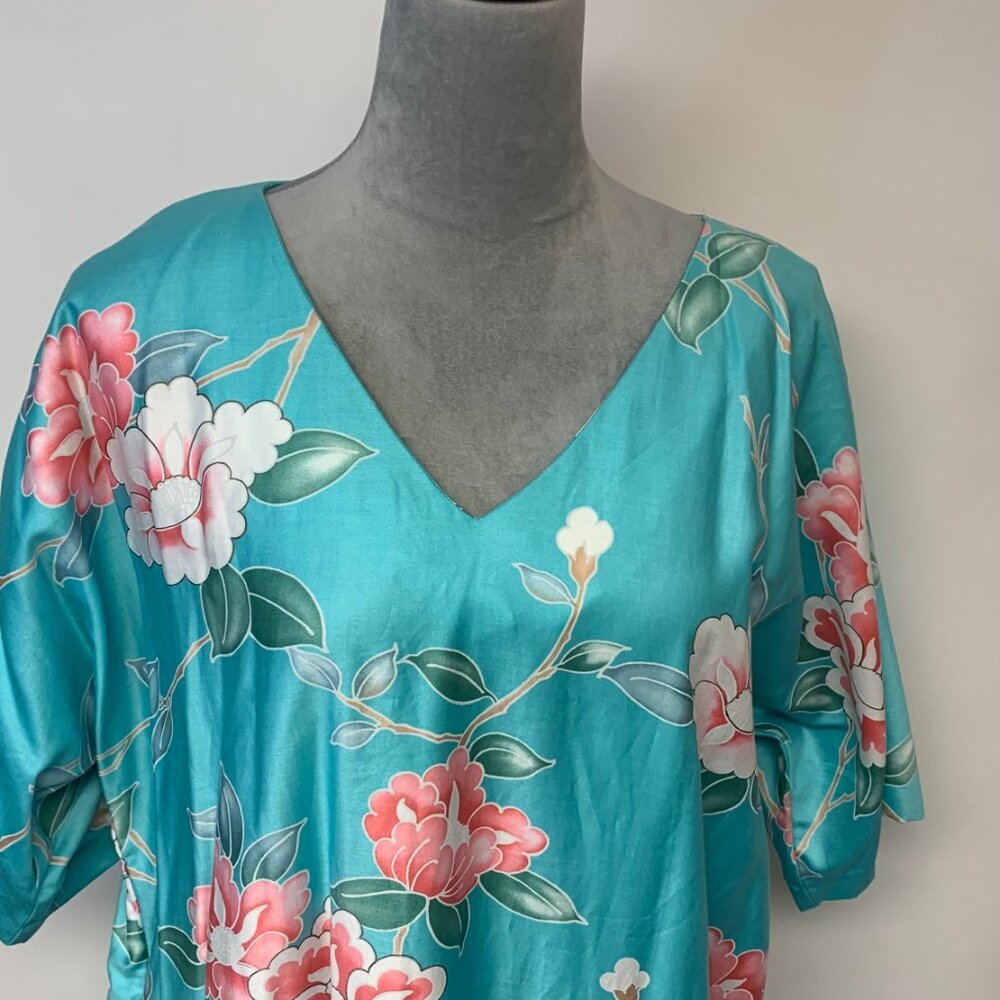 Sun Fashion Caftan Vintage Blue Hawaiian Tropical Print Maxi Beach Womens SZ L - Picture 2 of 9